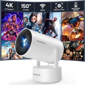 Mini Projector with WiFi & Bluetooth, Auto Keystone & Electric Focus, 270 Rotation Rechargeable Portable Outdoor Projector, Native 1080P 4K Supported for Home Theater & Camping (Iron White)