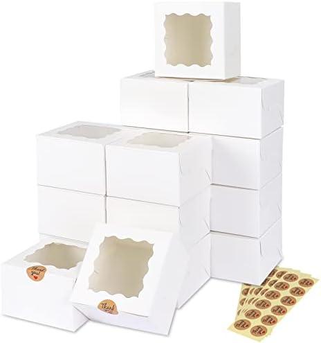 Moretoes 50pcs White Cookie Boxes with Window, 4x4x2.5 Inches Bakery Boxes with 5pcs Stickers for Small Cookies, Treats, Desserts, Chocolate Covered Strawberries, Mini Cake