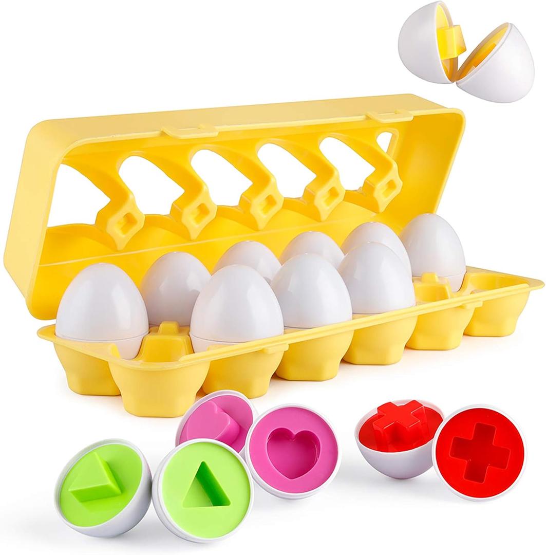 Coogam Matching Eggs 12 pcs Set Color & Shape Recoginition Sorter Puzzle for Toddlers Easter Travel Game Early Learning Educational Fine Motor Skill Montessori Gift for Year Old Kids