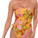 Sports Illustrated Women's Strapless One Piece W/Adjustable Side Cutouts (Large, Super Bloom)