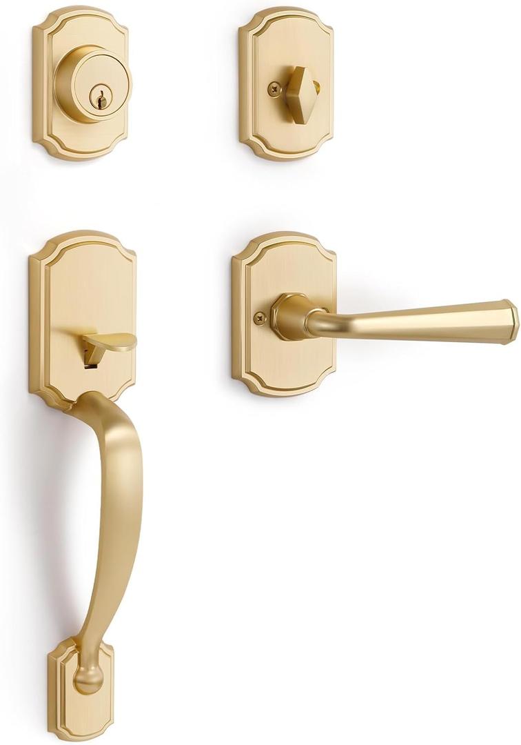 1 Pack Gold Front Door Handle and Deadbolt Set Reversible Lever Entry Lock Handleset with Key Single Cylinder (Satin Brass)