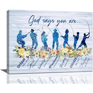 Fish Wall Art Nautical Fishing Lover Gift Wall Art Scripture Fish Pictures Motivational God Says You Are Picture Canvas Painting Prints Framed Fishing Theme Artwork for Cabin Home 16"x12"