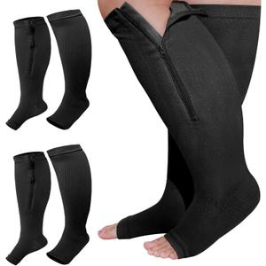 Hillban 2 Pair Plus Size Calf Zipper Compression Socks 15 to 20 Mmhg Open Toe Compression Stockings for Overweight Women Men (4 XL, Black)
