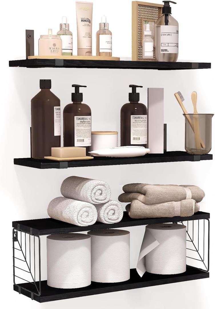 Fixwal 3+1 Tier Bathroom Floating Shelves Over Toilet, 15.8in Farmhouse Rustic Wood Shelves, Wall Decor for Bathroom, Living Room,Bedroom and Kitchen (Black)