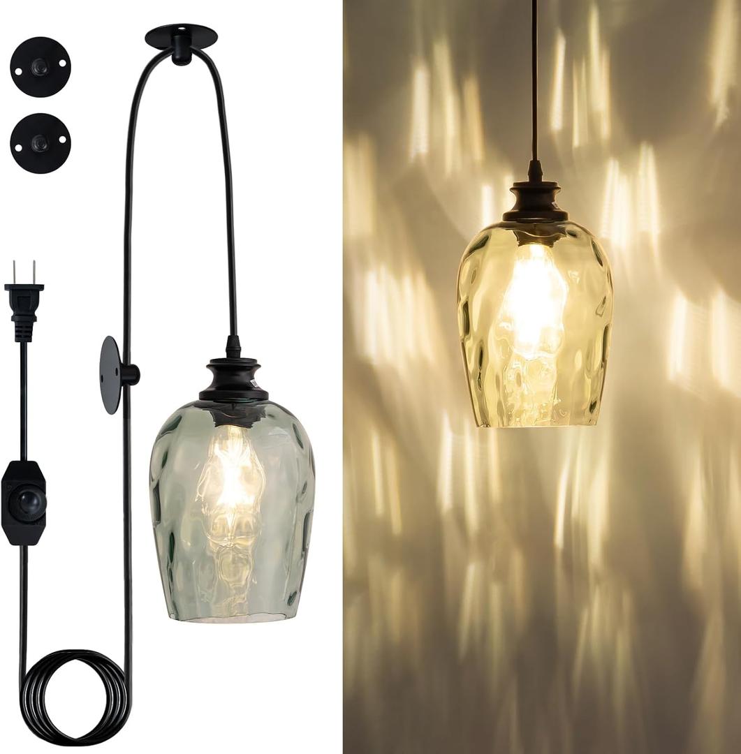 Plug in Pendant Light Green Hand Blown Rippled Glass Shade On/Off Switch 16.4 Ft Cord E26 Base Pendant Lighting for Living Room Sunroom Porch