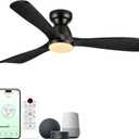 60in Smart Flush Mount Ceiling Fans with Lights,Outdoor Low Profile Ceiling Fan Quiet DC Motor,Work with Alexa/Gg Voice Control/App/Remote,Dimmable,6-speed,3 Wood blades Fan for Patio,Black