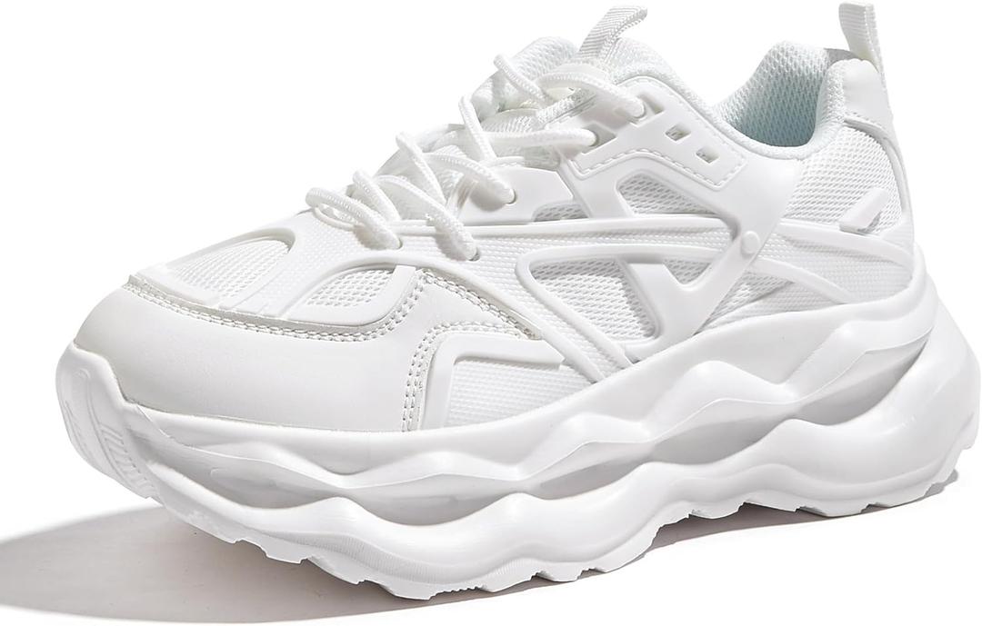 LUCKY STEP Women 's Chunky Sneakers 90s Fashion Thick Dad Rave Platform Casual Running Walking Shoes (White KPU, 8.5 US)