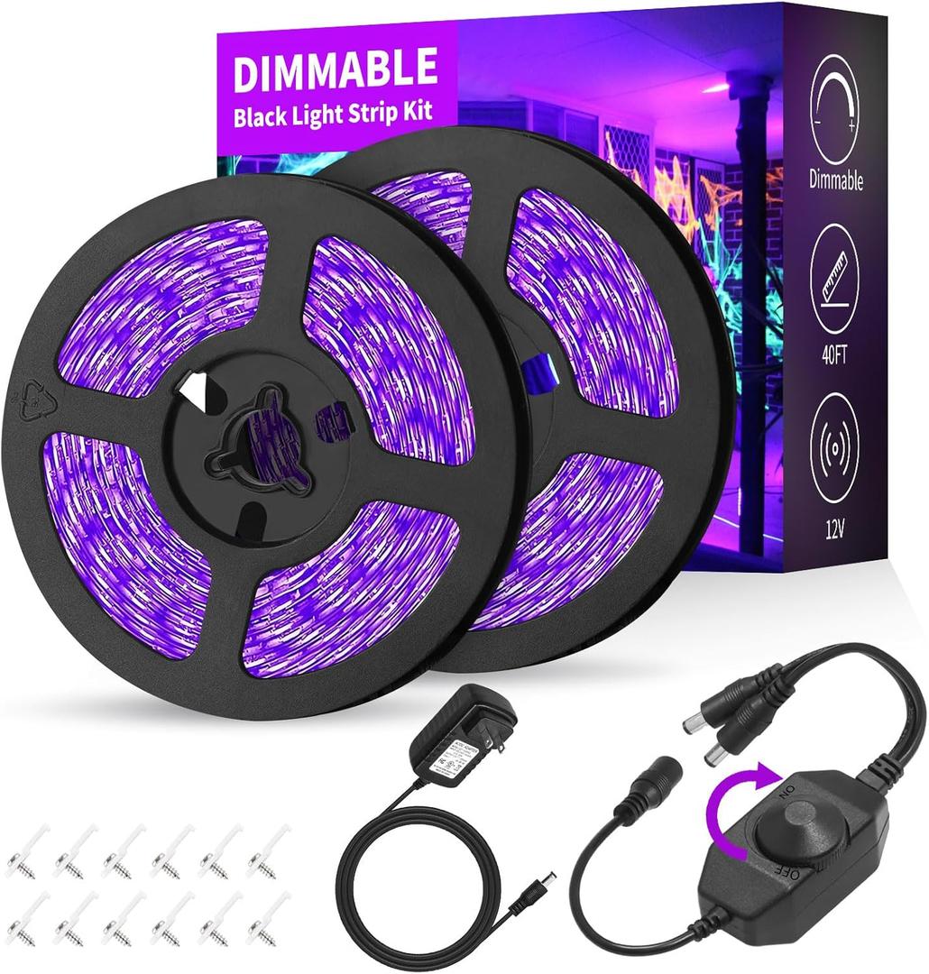 Dimmable Black Light Strip Kit 40ft/12M 720 LEDs, 12V Flexible Blacklight Fixtures, 385nm-400nm, Black Light LED Strips for Glow Party Fluorescent Poster Halloween Indoor Bedroom Decor, Non-Waterproof