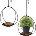 2 Pack Plant Hanger with Wood Base,Modern Hanging Plant Holders for Indoor Plants,Boho Macrame Hanging Planter Shelf Flower Pot Holder for Wall Ceiling Home Decor (Black Metal/Walnut Wood Base)