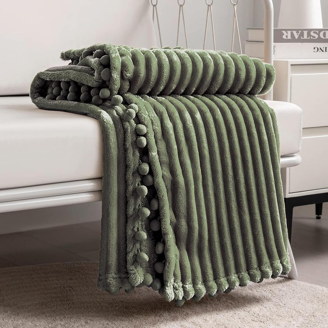 DISSA Fleece Blanket Twin Size 60x80, Olive Green Soft, Plush, Fluffy, Fuzzy, Warm, Cozy Perfect Throw for Couch, Bed, Sofa - with Pompom Fringe - Flannel Blanket Throw Blanket