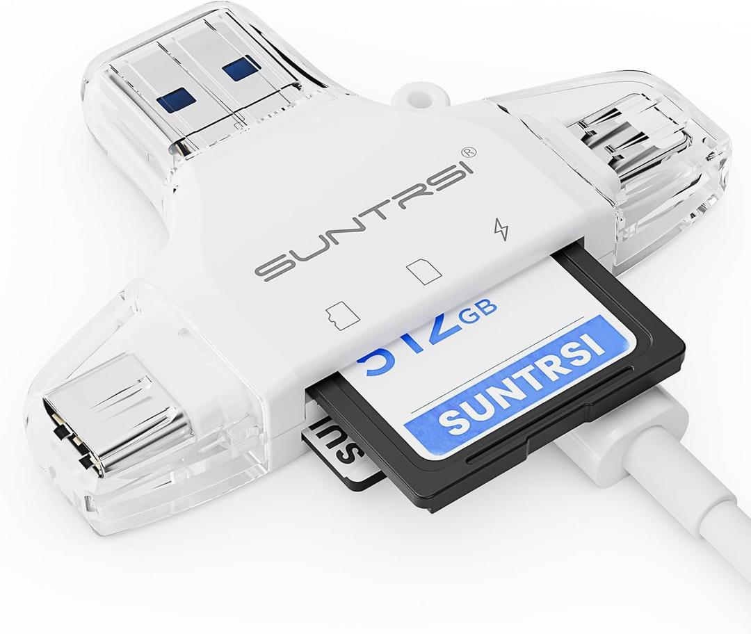 Lector de tarjetas SD/Micro SD para iPhone/ipad/Android/Mac/Computadora/Cmara, lector de tarjetas de memoria porttil 4 en 1 Adaptador de tarjeta Micro SD y visor de cmara Trail compatible con (Blanco)