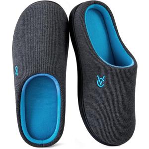 VeraCosy Women's Two-Tone Slippers Soft Comfy Knit Memory Foam Non-slip Indoor Outdoor House Shoes (9-10, Charcoal Cobalt)