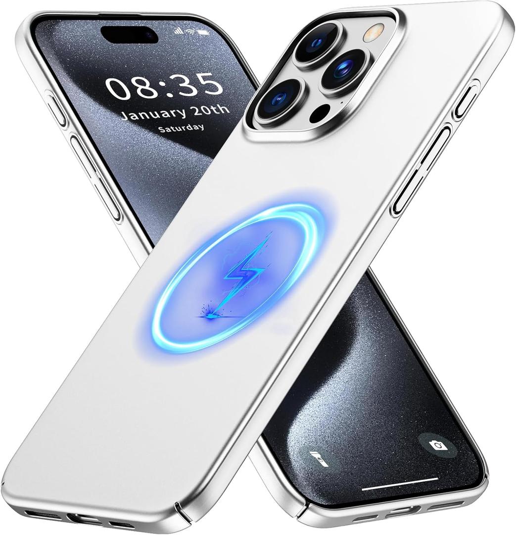 GRECAZO Magnetic Ultra Thin Frosted Designed for iPhone 15 Pro Max Phone Case 6.7 inch(2023) Slim Minimalist Lightweight Matte Hard PC Compatible with MagSafe Cover Protective Bumper Case- Silvery