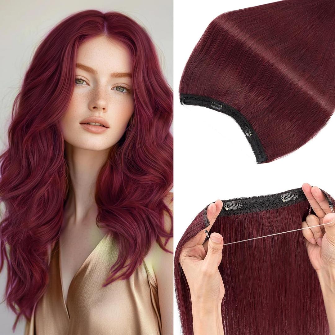 Rich Choices 100% Real Human Halo Hair Extensions for Women Remy Halo Extension Invisible Wire Hairpiece Clip in One Piece Hairpiece Upgrade Adds Weight 80g 16 Inch #99J Burgundy Red