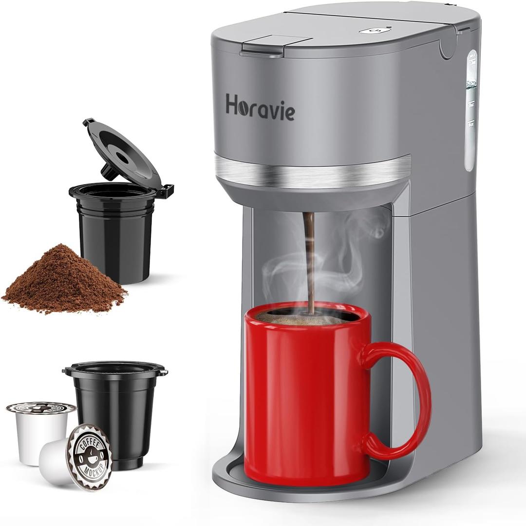 Mini Single Serve Coffee Maker for K Cup and Ground Coffee, Fast Brew One Cup Coffee Machine with Descaling Reminder and Water Window, 6 to 12 oz. Brew Sizes, Grey (9.45 Inches)