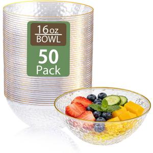 Tinybee 50 Pack Clear Plastic Bowls - Clear Disposable Bowls for Party with Gold Rim, 16-20oz Premium Hammered Bowls Disposable Heavy Duty, Plastic Salad Bowls for Milk Cereals, Snacks, Salads