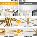 33" Modern Chandelier Ceiling Light Fixture, 12-Light Sputnik Chandeliers Brushed Gold Mid Century Chandelier Over Table, Height Adjustable Chandeliers for Dining Room Living Room (Bulbs Not Included)