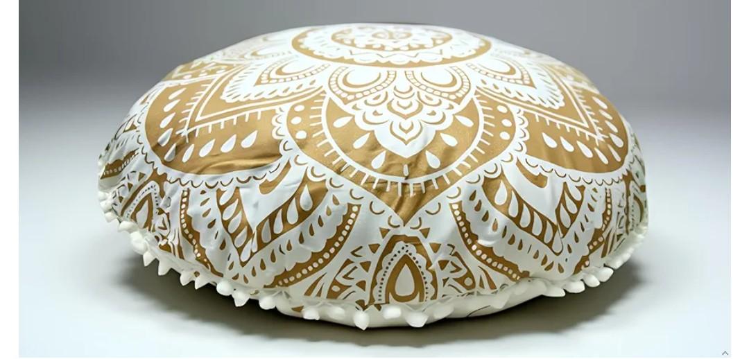 CRAFT KALA 32 Inch Meditation Floor Pillows Cover Round Pillow Cover Seating Hippie Decorative Bohemian Mandala Cushion Cover Outdoor Yoga Living Room Throw Ottoman Poufs Cover (White Gold Flower)