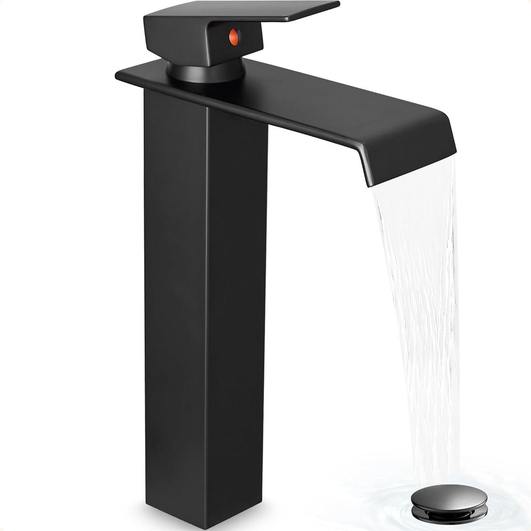 Brass Vessel Sink Faucet Black Waterfall Bathroom Faucet 1 Hole, Tall Bathroom Sink Faucet Single Handle, Modern Bathroom Faucets for Vessel Sinks with Pop Up Drain and Supply Hoses