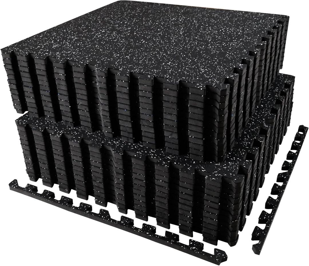 AIRHOP 0.56in Thick 96 Sq Ft Exercise Equipment Mats, 24 Tiles Upgraded Rubber Top with High Density EVA Foam, Large Interlocking Puzzle Gym Flooring for Home Gym, Heavy Weight Workout, 24 x 24in (Black/White)