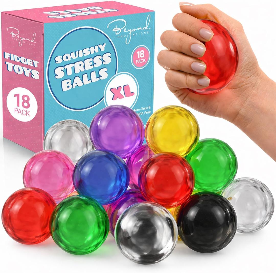 Stress Balls for Adults - 18 Pack | Fidget Toys | XL Stress Ball, Office Supplies, Squishy Fidget Toys | Anxiety Relief Calming Tool | Squishy Balls for Autism & ADHD, Assorted