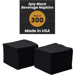 Perfectware 2-Ply Black Beverage Napkins - 300 Count Cocktail Napkins, 10 x 10 Inches