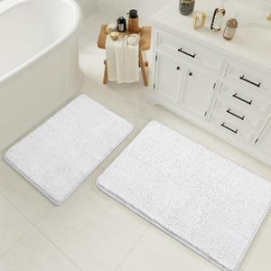 Bathroom Rugs Sets 2 Piece, 17 x 24 Plus 20 x 32 Inches Thick Non Slip Bath Rug Set, Absorbent Soft Chenille Bath Rug, Machine Washable Quick Dry Bath Mat for Bathroom Floor, White