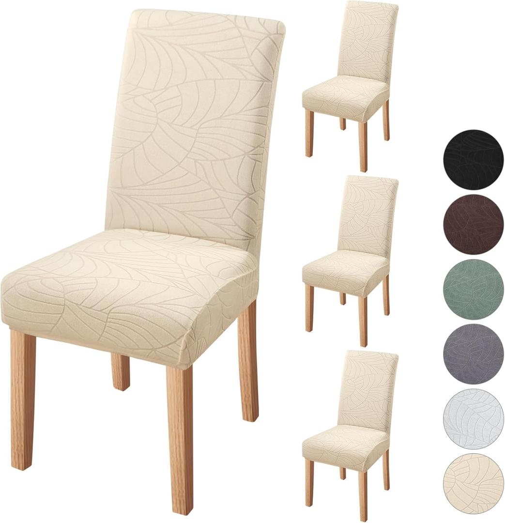 Fuloon Chair Covers for Dining Room 4 Pack, Solid Stretch Dining Chair Covers, Washable Kitchen Slip Covers, Jacquard Parson Chair Covers Set of 4(Leaf Jacquard Beige, 4 Pack)