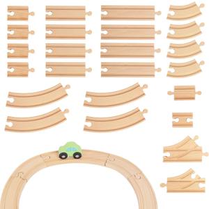 Wooden Train Tracks 24 Piece Set, Track Expansion and 9 Distinct Pieces - 100% Compatible with All Major Brands Including Thomas Wooden Railway System
