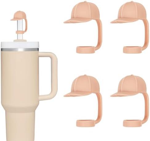 Set of 4, Silicone Straw Covers Cap Compatible with Stanley Cup 0.4in/9-10mm Reusable Straw Topper for 30&40oz Tumbler with Handle Hat Shape Dust-Proof Straw Tip Lids 4PCS (Pink)
