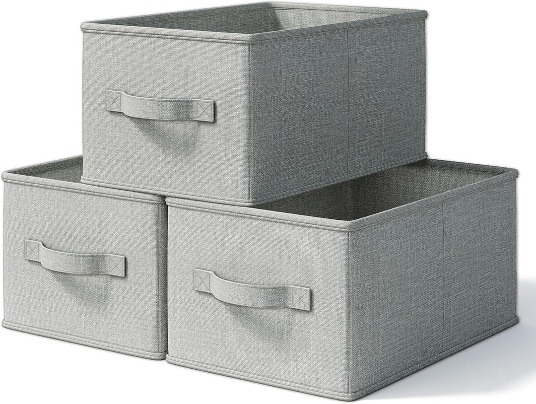 3 Pack Fabric Storage Bins for Shelves | 14.75x10.25x8.25 in Storage Baskets | Fabric Closet Organizers with Handles Home Organization | Linen Clothes Storage Bins | Light Gray