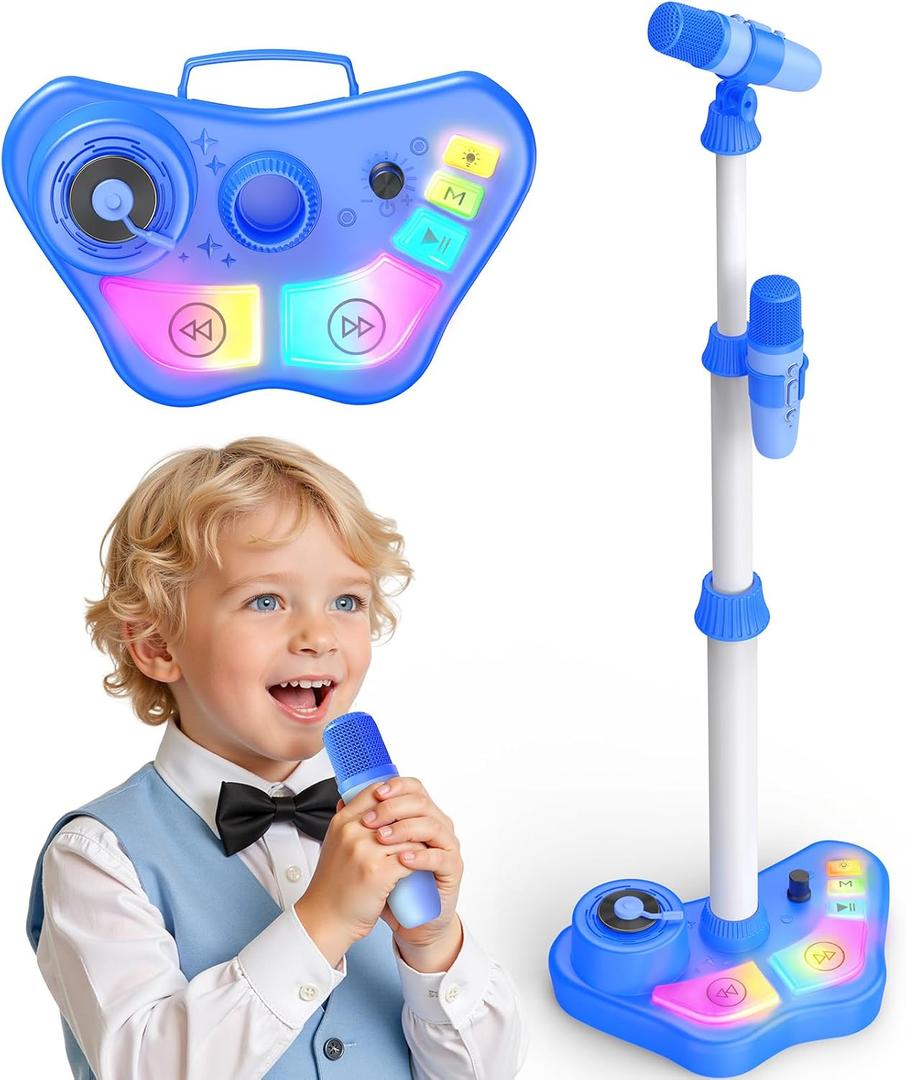 Stand Karaoke Machine Toy for Kids Ages 3-5 4-6 5-7 Birthday Gifts for 3 4 5 6 7 8 Year Old Boy, Kid Rechargeable Karaoke Microphone with 2 Wireless Mics, Bluetooth Speaker Toddlers Boys Party Toys