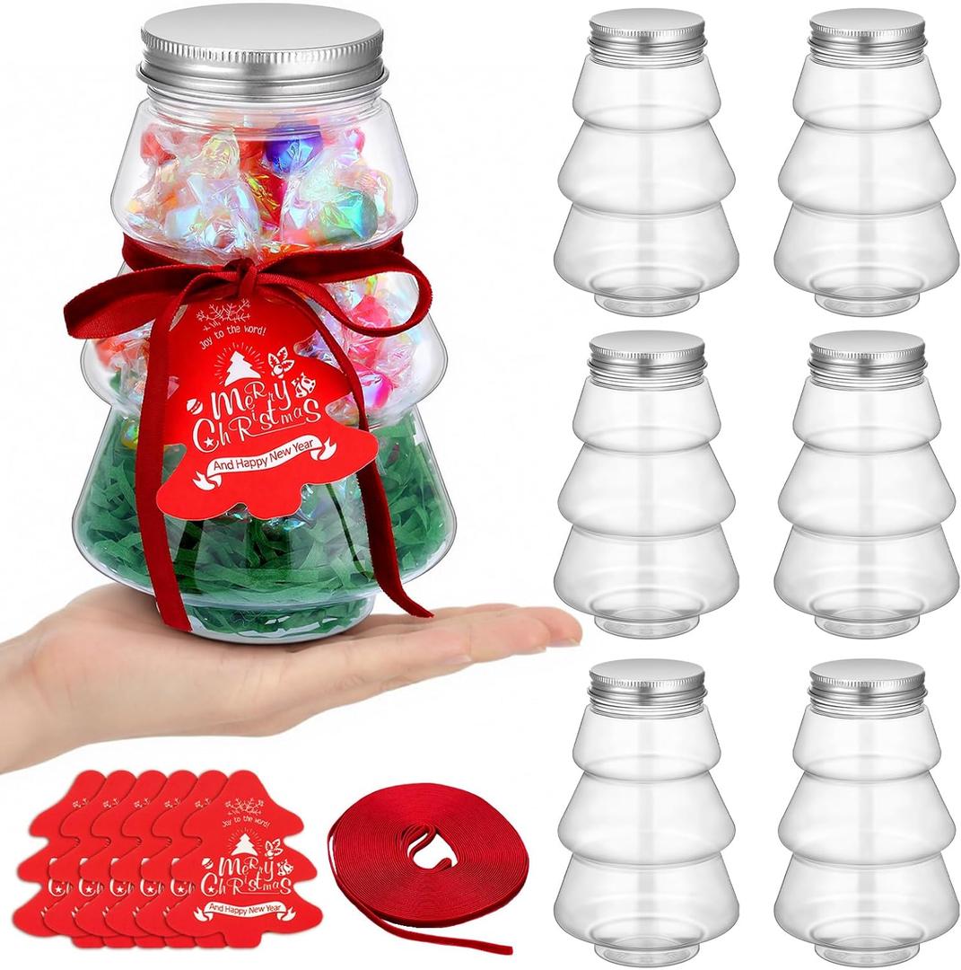Amyhill 6 Pcs Christmas Tree Candy Jars with Lid Plastic Candy Boxes with Ribbon Card Clear Storage Filling Containers for Christmas Party Favor Xmas Gift Wedding Decoration (Flat Top)