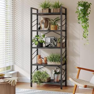 DurayLoly 5 Tier Bookshelf, Industrial Tall Bookcase, Modern Display Book Shelf with Metal Frame and Sidebars for Bedroom, Living Room and Home Office, Black