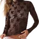 siliteelon Lace Tops for Women Mesh Long Sleeve Top Sheer Lace Shirt Floral Mock Neck Party Club Lace Undershirt