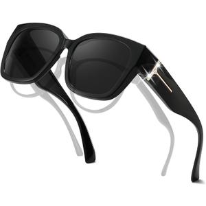 TJUTR Polarized Sunglasses Fit Over Glasses for Women, Oversized Driving Sun Glasses with Rhinestone Designer Style (A2 Black/Grey)