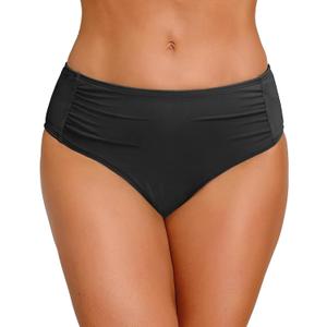 Women Full Coverage Bikini Bottoms - Mid Rise Bathing Suit Ruched Swim Bottom Swimsuit Swimwear (Medium, Black)