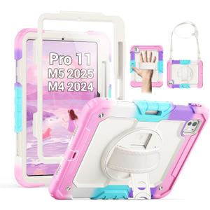 SEYMAC for iPad Pro 11 Inch Case M5 2025 / M4 2024, Heavy Duty Shockproof Protective Case with Screen Protector, 360 Rotating Stand, Hand/Shoulder Strap and Pen Holder, Colorful Pink