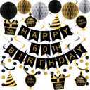 60th Birthday Decorations, Happy Birthday Banner with Honeycomb Balls, Gifts Hanging Swirl Streamers, Circle Dots Garland - Happy Birthday Party Decorations for Women Men (Black and Gold, 60th)
