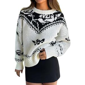 ZAFUL Floral Sweaters for Women Trendy Crew Neck Long Sleeves Knitted Pullover Boho Sweater Chunky Knit Tops (White, M)