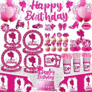 213Pcs Girl Birthday Decorations Serves 25 - Dessert & Lunch Paper Plates, Balloons, Napkins, Paper Cups, Tablecloth & Cake Topper - for 18th 21st Birthday Decorations for Girls