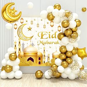 Eid Mubarak Decorations - 70PCS White Gold Ramadan Confetti Balloons with Mubarak Moon Star Foil Balloon, Backdrop for Party Supplies, Eid Decorative Banner for al-Fitr and al-Adha Decor