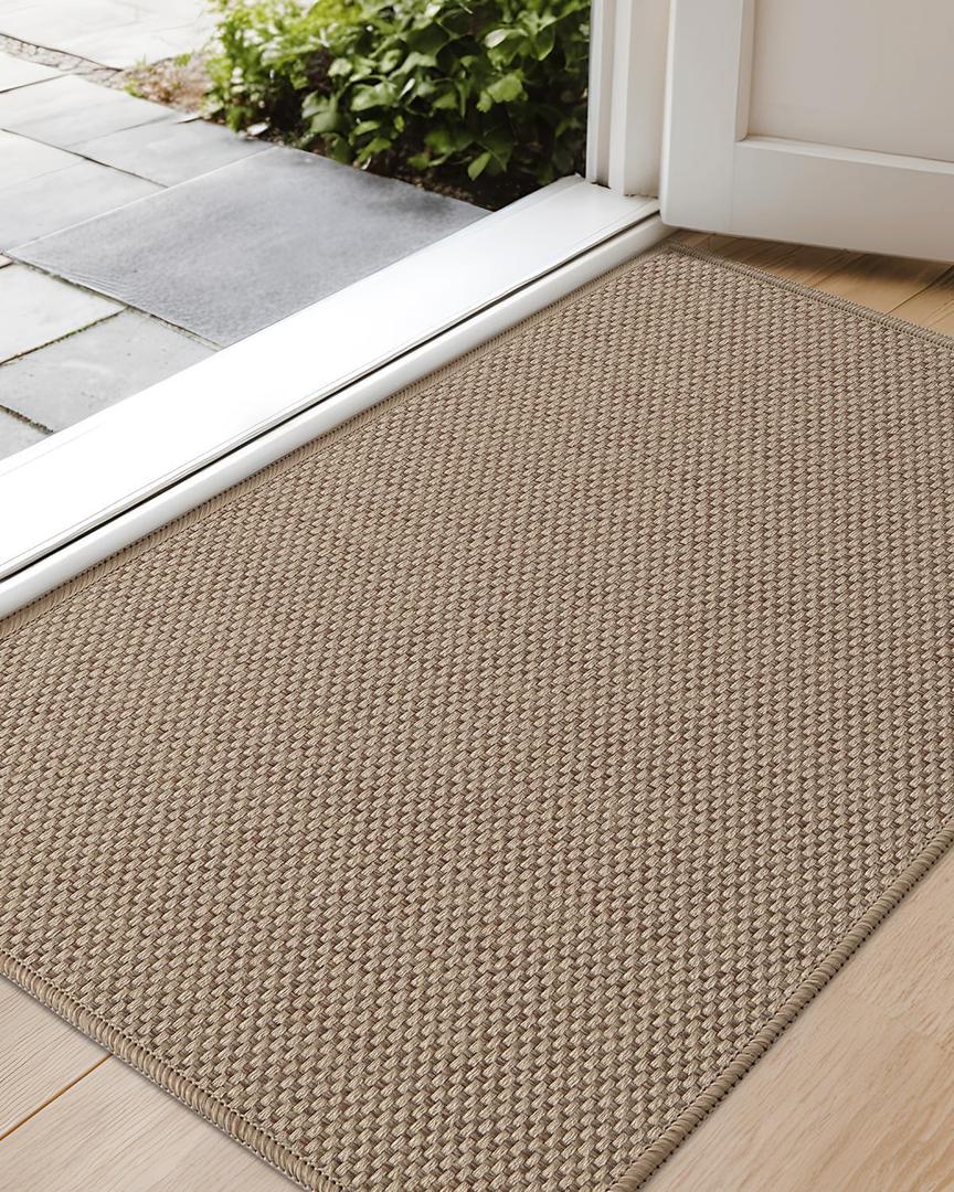 Color&Geometry Ultra-Thin Indoor Door Mat, 32"x48" Low-Profile Non-Slip Entryway Rug with Modern Geometric Texture, Washable Doormat for Indoor Entrance, Heather Dark Beige(Rolled-up NO Creases)