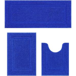 SHACOS Soft Fluffy Bathroom Runner Rugs Set of 3 Bath Mats with U Shape Toilet Rugs Non Slip Washable Bath Rugs Absorbent Bathroom Carpet for Shower Tub, Royal Blue, Size: 20"x32"+ 20"x47"+U Shape 20"x24"