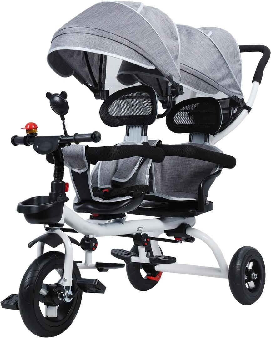 Kids Tricycle,Tandem Trike Tandem Tricycle with Double Seat and Canopy, Anti-Rollover Rubber Wheel Double Baby Stroller Daycare Trike Toy for Boy and Girl Gifts,Preschool Playground Equipment Grey