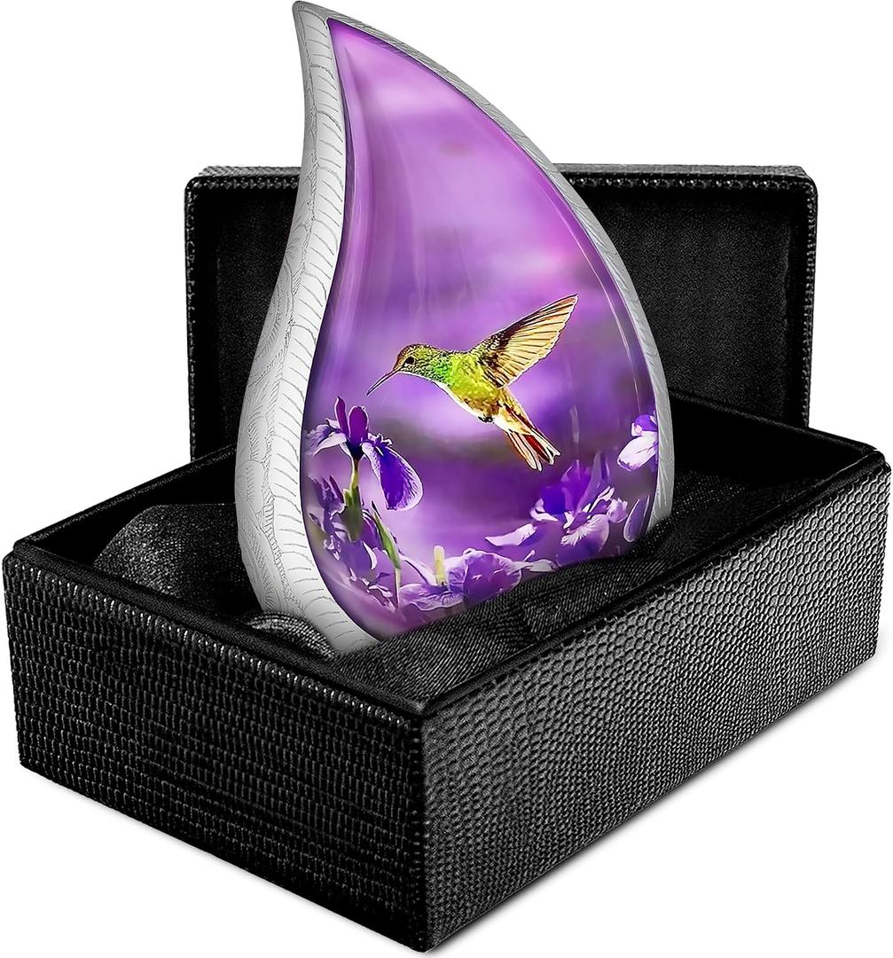 Trupoint Memorials Small Urns for Human Ashes Keepsake, Decorative Mini Cremation Urn for Adult Men & Women Small, Purple Hummingbird Teardrop