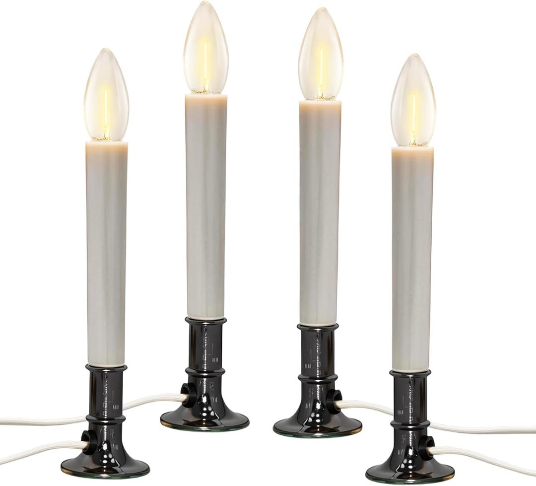 4 Pack Christmas Electric Window Candle Lamp with Nickel Base, Dusk to Dawn Sensor Turns LED Electric Candles on in Dark and Off in Light, Plug in Electric Candlesticks Lights for Table Window Home