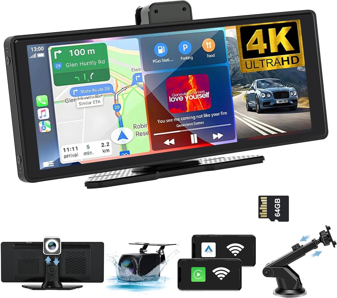 Wireless CarPlay Screen for Car 10.26" 4K Dash Cam and 1080P Backup Camera - Carplay & Android Auto Car Stereo with GPS Navigation/Voice Control/Siri/Mirror Link/Bluetooth/FM Satellite Radio Receiver