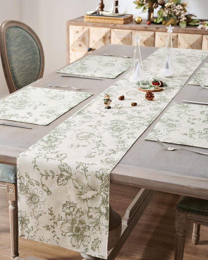 JINCHAN Floral Linen Table Runner for Kitchen Farmhouse Table Cloth with Sage Flower Print 13 x 72 Inch Beige Linen Blend Cloth for Kitchen Dining Table Indoor Outdoor Decor 1 Panel (W13 x L72 (Runner), Peony | Green on Beige)