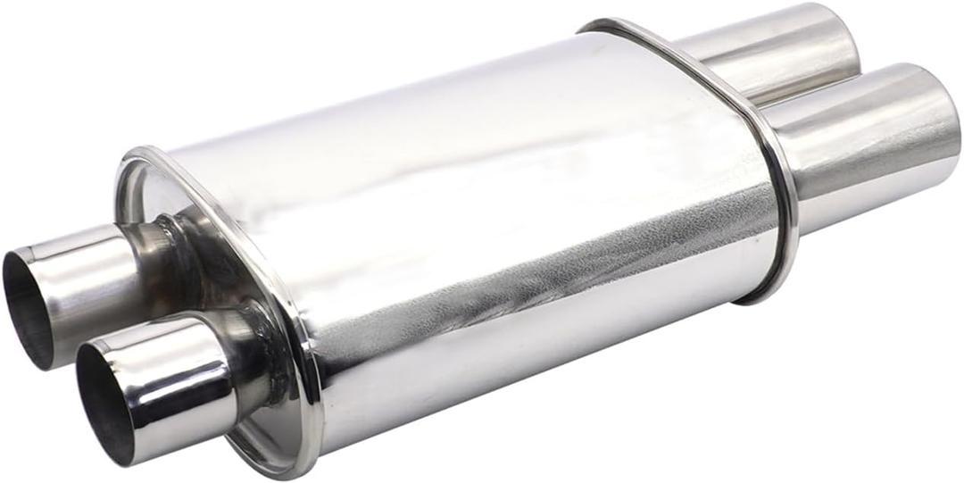 Vechkom Exhaust Muffler 2.5" (63MM) Dual Inlet / 3" (73MM) Dual Outlet Silver Stainless Steel Car Silencer 11.8 Inch (300MM) Oval Body Length / 20.9 Inch (530MM) Overall Length